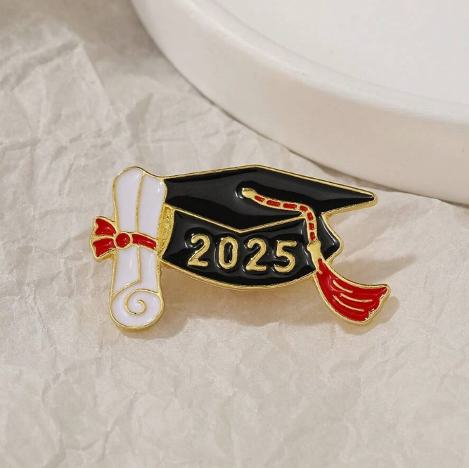 5 - Graduation Cap with Scroll & Red Ribbon Pin - 2025 Edition