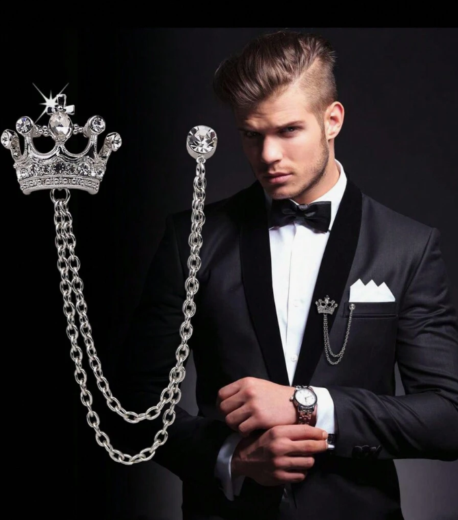 Royal Crown Double Chain Lapel Pin (Silver)