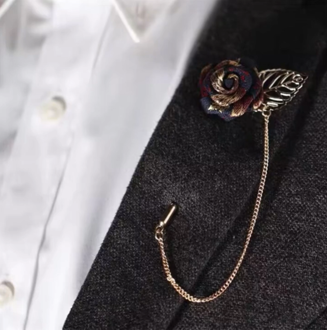 Vintage Red Rose Lapel Pin with Leaf & Chain