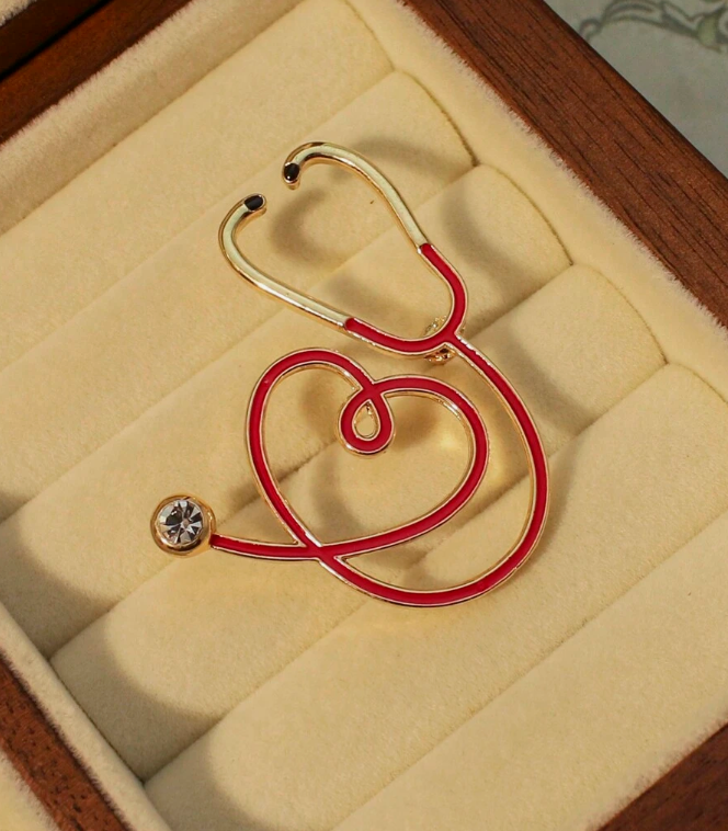 1 - Gold & Black Prestige Stethoscope Brooch - 4 - Heartbeat in Red Stethoscope Brooch